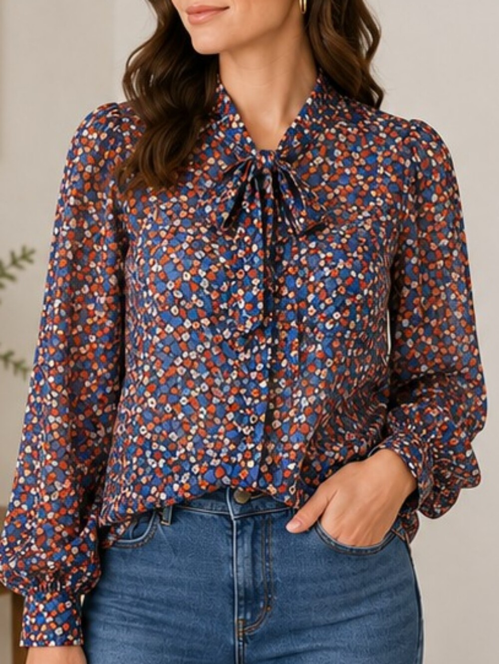 French Connection Semi-Sheer Floral Bow Tie Blouse